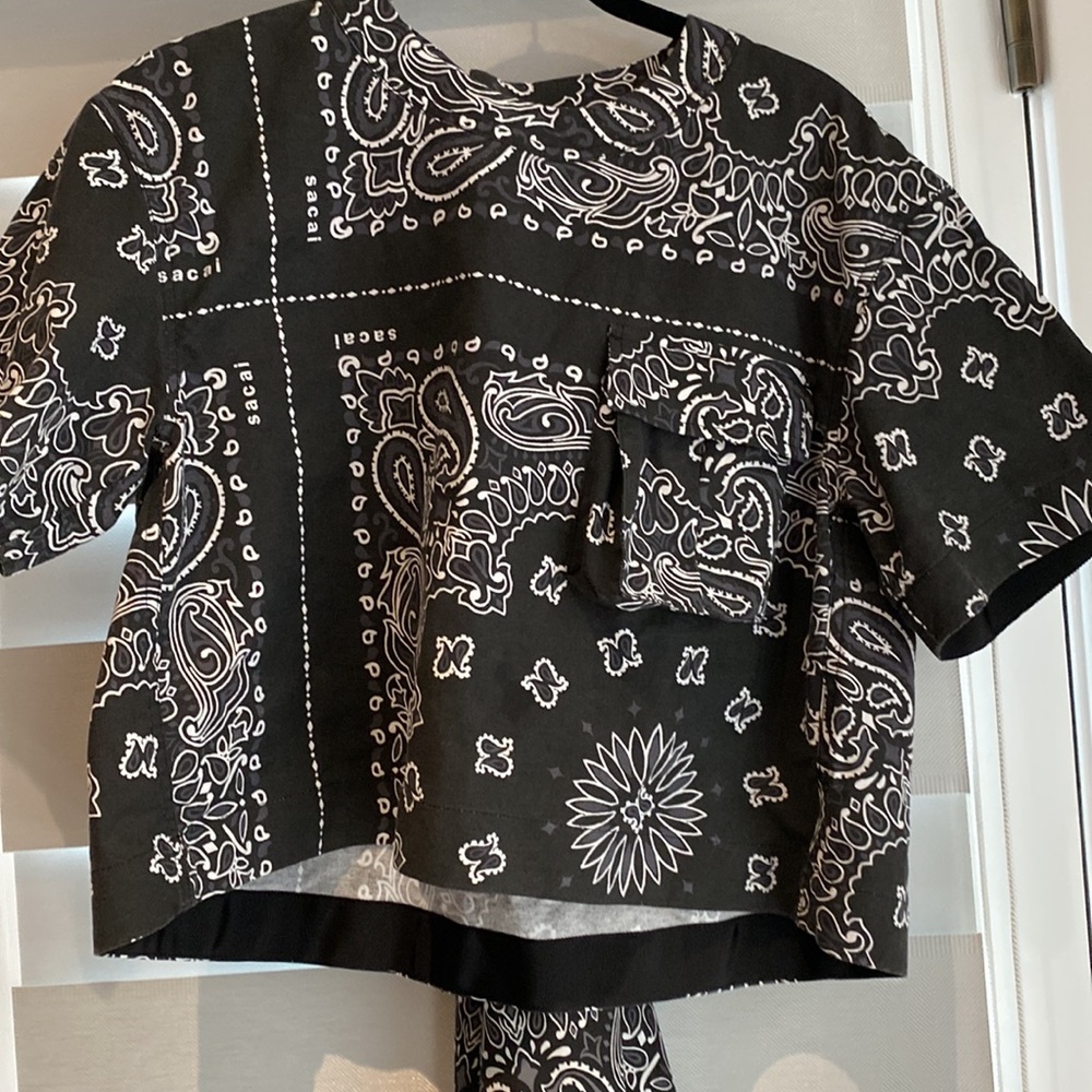 Sacai B/W cotton canvas top with attached silk scarf, size 1 - Picture 5 of 8